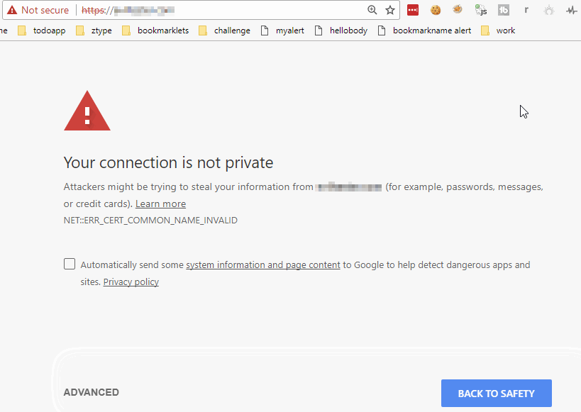 Page not displayed Not Secure Alert shown
