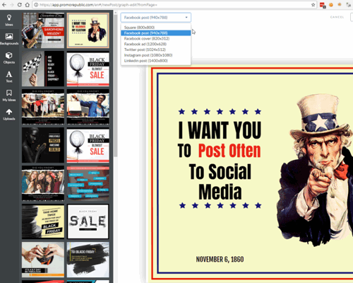 PromoRepublic built in image editor with many social media target sizes